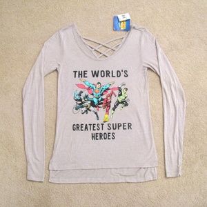 Super Heroes Long Sleeve Graphic Tee Womens Size XS Extra Small Grey Comics
